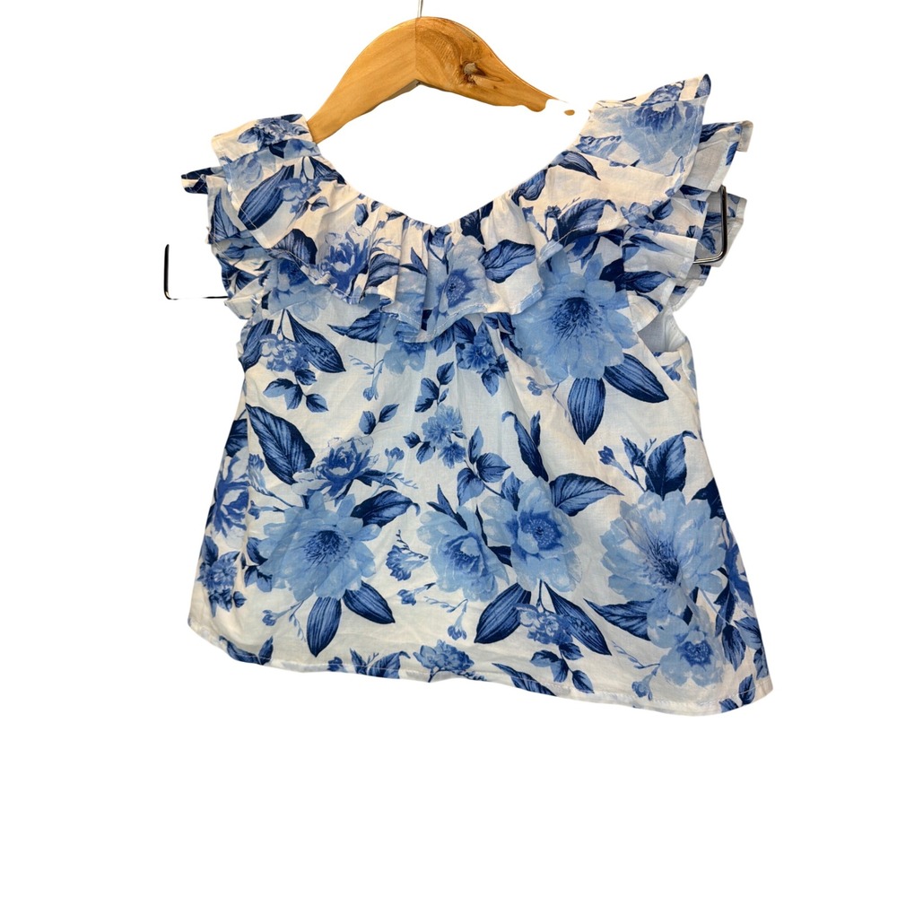 Janie and Jack Girls Blue Floral Ruffle Top Size 4 NWT Flutter Sleeve‎ Button